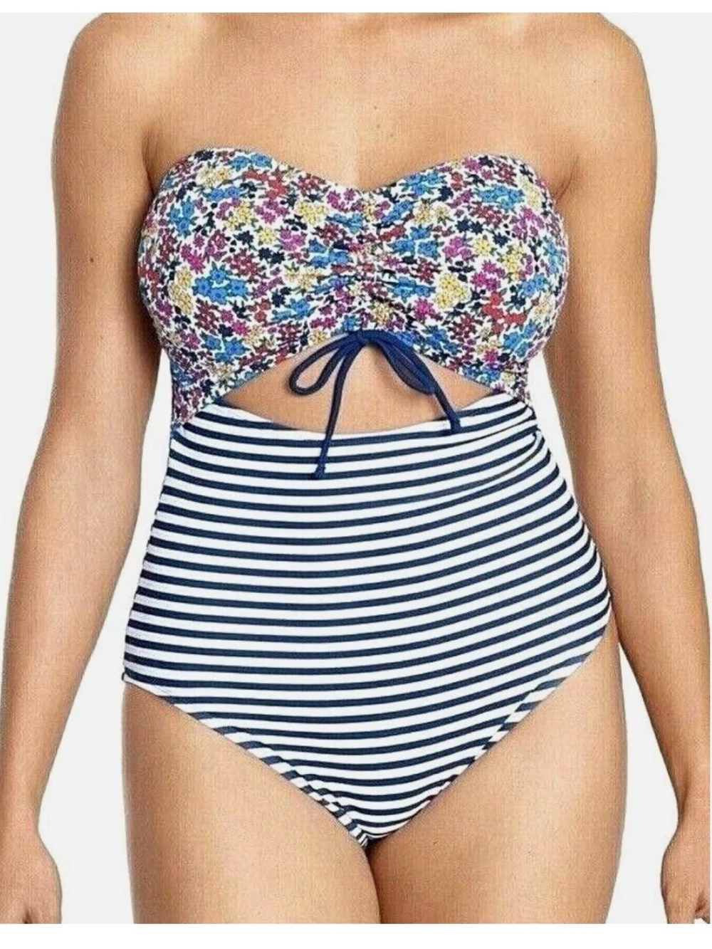 Time and Tru Floral Bandeau and Navy Striped One-Piece Swimsuit